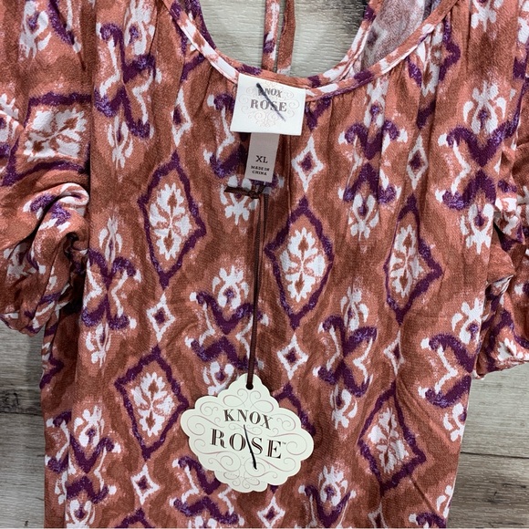 Knox rose women's size XL artsy batik rayon puff sleeve midi boho prairie dress - Picture 4 of 13